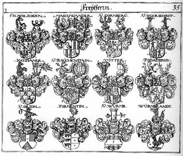 Coats of arms of Dornberg FH, Formentin FH, Katzianer FH, Maschwander FH, Orzon FH, Podatsky FH, Rauchenstein FH, Wolzogen FH, Würbin FH, Wurmb FH, Wurmbrandt FH