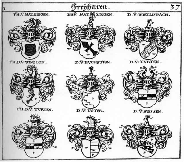 Coats of arms of Matzingen FH, Messen F H, Ruchstein FH, Turten FH, Uster FH, Wietlispach FH, Wintzlon FH