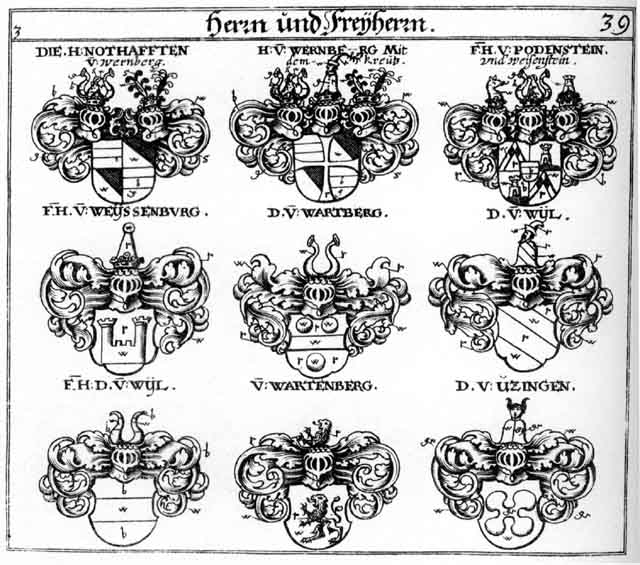 Coats of arms of Bodenstein FH, Graeffenburg FH, Notthafften FH, Podensten FH, Wartberg FH, Wartenberg FH, Weisenburg FH, Weisenstein FH, Wernberg FH, Weysenburg FH, Wyl FH