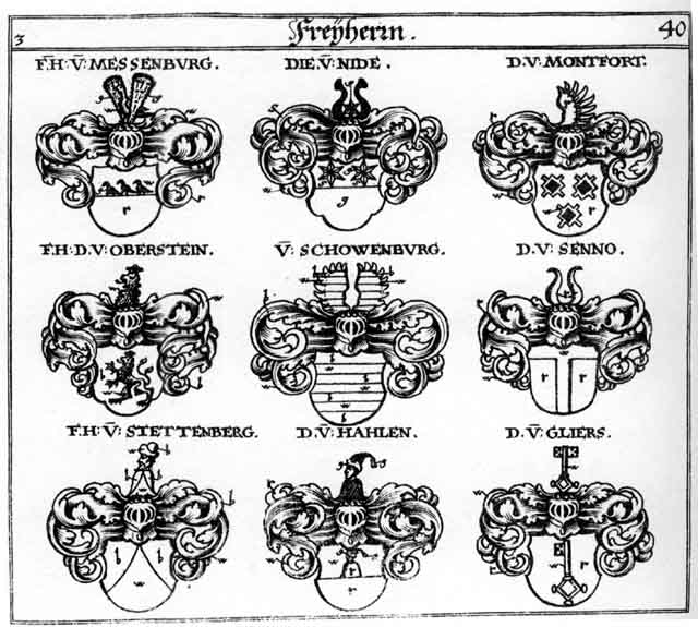 Coats of arms of Gliers FH, Hahlen FH, Messenburg FH, Montfort FH, Nide FH, Oberstein FH, Rabein, Schowenburg FH, Senno FH, Stettenberg FH