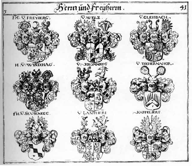 Coats of arms of Freyberg FH, Gleisbach FH, Kappelliers FH, Lantheri FH, Seussenegg FH, Tschernahor FH, Weltz FH, Windhacg FH