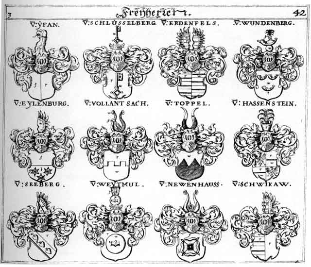 Coats of arms of Eylenberg FH, Hassenstein FH, Neuenhaus FH, Neuhaus FH, Newenhaus FH, Schlüsselberg FH, Schwickaw FH, Seeberg FH, Toppel F H, Vollantschach, Weytmühl FH, Wundenberg FH, Zehentner