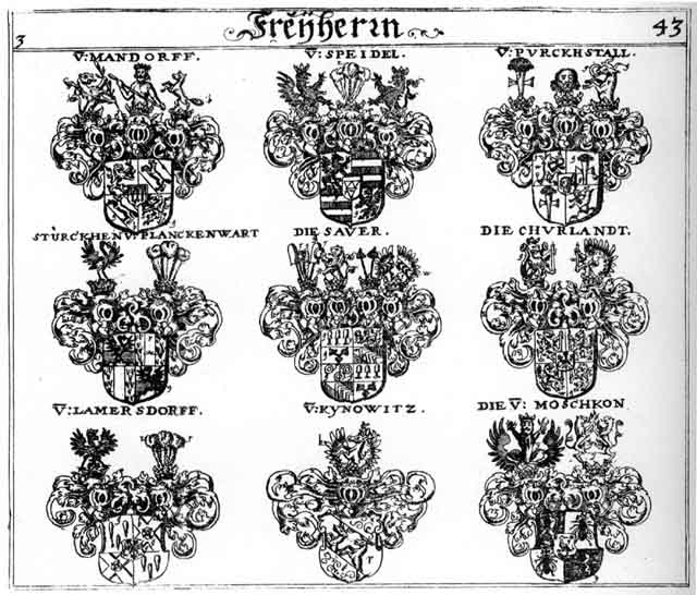 Coats of arms of Bergen, Berger, Burgstatt FH, Churland FH, Kynowitz FH, Lamersdorff FH, Mandorff FH, Moschkon FH, Perger, Purckstatt FH, Saver FH, Speidel FH, Sturckhen FH