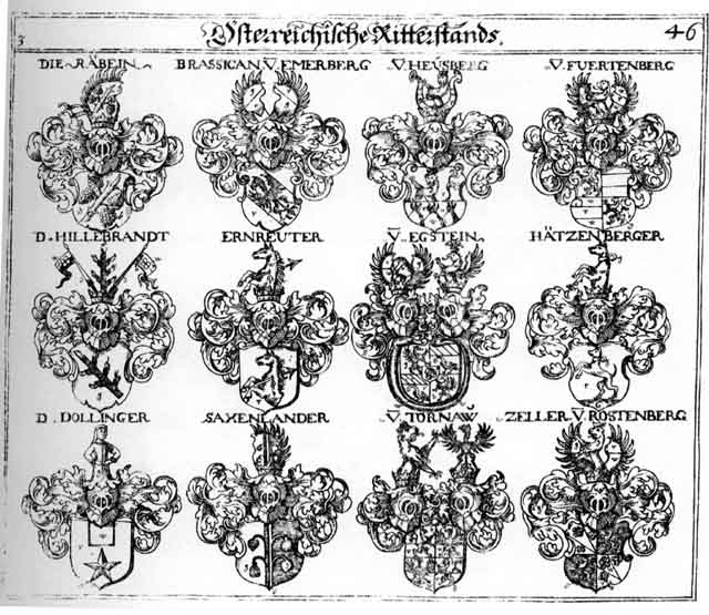 Coats of arms of Brassican, Dollinger, Eckstein, Egstein, Fuertenberg, Hatzenberger, Heusberg, Hildeprandt, Hillebrandt, Saxenlander, Tollinger, Zeller