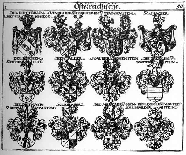 Coats of arms of Dietmager, Dietterlin, Dresslin, Ettenhart, Ettenharter, Fincker, Hentaller, Liebenberg, Magier, Mauerer, Maurer, Messerer, Reschen, Roeschen, Röschen, Stainhausch, Steinhausen, Vinckher