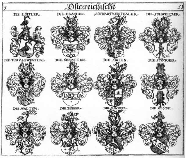 Coats of arms of Binner, Drachen, Glöggl, Loessler, Lössler, Mauerer, Maurer, Schwartzenthaler, Schweitzer, Senatten, Sixten, Stocker, Stockher, Tod, Todten, Trache, Waltum