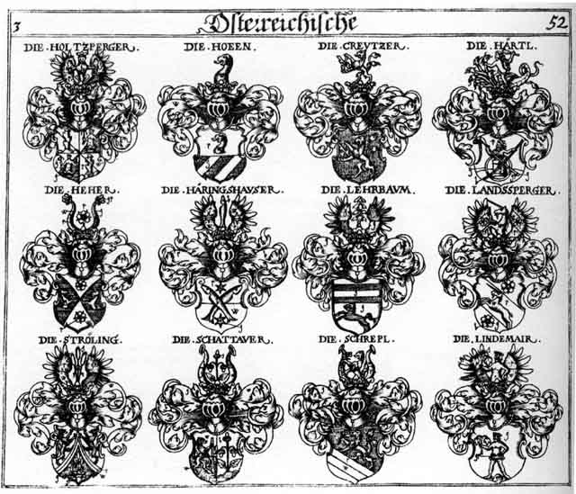 Coats of arms of Creutzer, Haeringshauser, Haertl, Häringshauser, Härtl, Heher, Hoeen, Höen, Holtzperger, Landesberg, Landsperg, Landsperger, Lehrbaum, Lindemair, Schattauer, Schrepl, Ströling