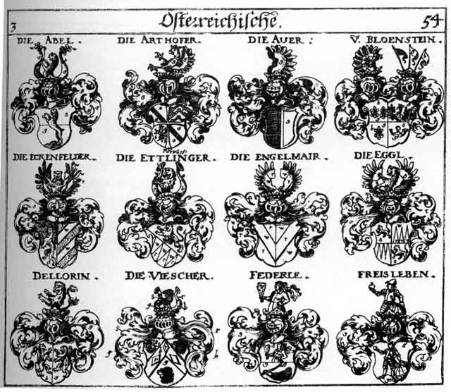 Coats of arms of Abel, Arthofer, Auer, Awer, Bloenftein, Dellorin, Eckenfelder, Eggl, Engelmair, Ettlinger, Federle, Fischer, mayer, Viescher, Vischer