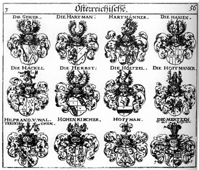 Coats of arms of Geiger, Haascn, Haasen, Häckel, Hackhel, Haeckel, Hartmann, Hartmanner, Hasen, Hassen, Herbst, Herbsten, Hilbrandt, Hilprand, Hochenkirchen, Höckel, Hoffmann, Hoffmanner, Hohenkirch, Hohenkircher, Höltzel, Höltzl, Mertz, Mertzen