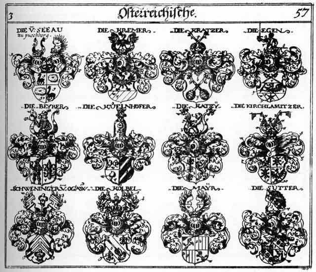 Coats of arms of Beyrer, Crämer, Egen, Katzy, Kazy, Kirchlamitzer, Koelbel, Kölbel, Kramer, Kratzer, Kremer, Kuelnhofer, Mair, Mayer, Mayr, Meier, Peyerer, Schweninger, Seeau, Sutter