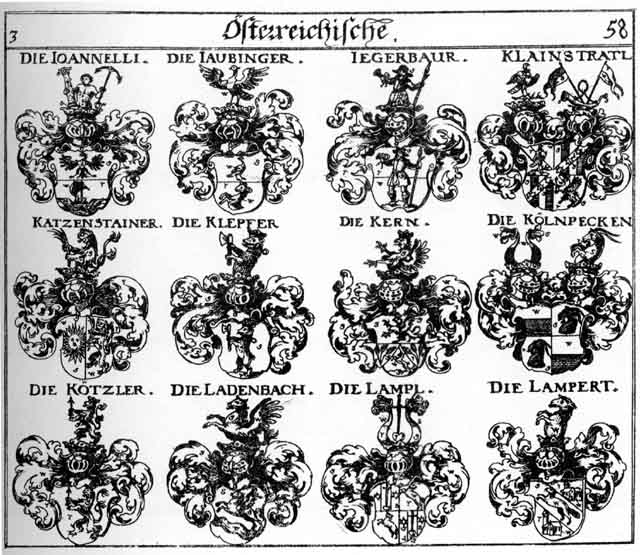 Coats of arms of Jaubinger, Jegerbaur, Joannelli, Katzenstein, Katzensteiner, Kern, Khötzler, Klainstratl, Klepser, Koelnbecken, Koelnpecken, Kolnpecken, Kötzler, Ladenbach, Lampel, Lampert, Lampl