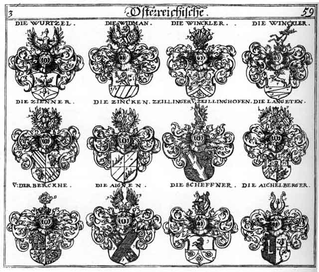 Coats of arms of Aichelberger, Aignen, Berckhe, Scheffner, Winckler, Wurtzel, Zeillinger, Zienner, Zimmer, Zimmern, Zincken, Zinner