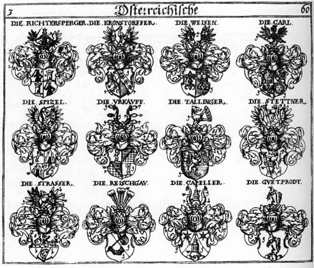 Coats of arms of Capeller, Carl, Guetbrodt, Guetprodt, Kapelle, Kronstörffer, Reischgau, Richtersberger, Spitzel, Stetner, Stettner, Tallinger, Urkauff, Urkauffen, Weiff, Weisen, WessenWeysen