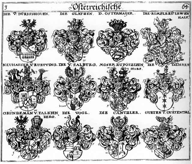 Coats of arms of Cantzler, Dilherrn, Düringshoven, Grundemann, Gueten, Guthen, Gutten, Moser, Mosser, Neuhauser, Ostermayer, Rompler, Salburg, Vogel, Vogl