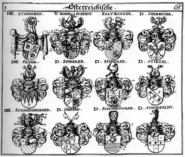 Coats of arms of Rohrscheid, Saltzinger, Schönfeld, Schönpuchler, Schwab, Schwaben, Schwaven, Seyer, Sieffen, Spindler, Stirgel