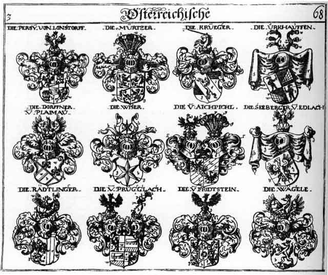 Coats of arms of Brugglacher, Dorffner, Fridtstein, Füllen, Krüeger, Mürtzer, Persius, Prugglach, Rädtlinger, Raedtlinger, Urkauff, Urkauffen, Waegele, Wagele, Wiser