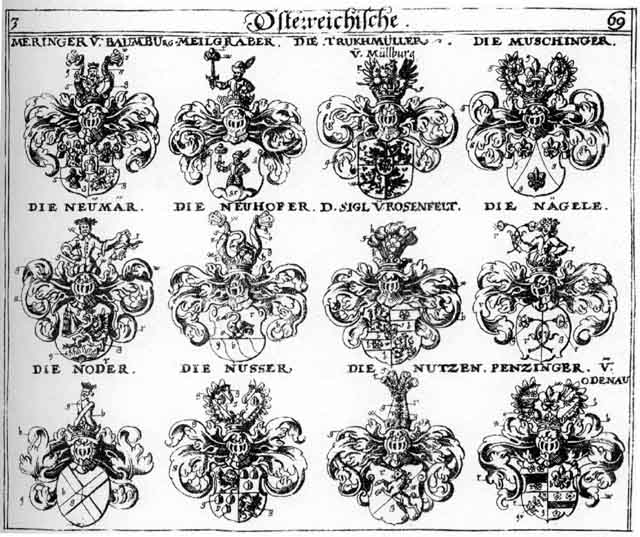 Coats of arms of Meilgraber, Meringer, Muschmger, Nagele, Neumair, Neumar, Nodrer, Nusser, Nutzen, Nytzen, Oesterreich, Österreicher, Pentzing, Pentzinger, Sigel, Truckmüller