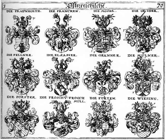 Coats of arms of Boelhardt, Elsasser, Fellner, Forster, Franckben, Francken, Fraunholtz, Frosch, Froschen, Fuert, Fuerten, Geiger, Granner, Moser, Mosser, Müller, Müllner, Mylner, Wiesing