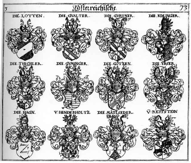 Coats of arms of Edlinger, Goetzen, Götzen, Gualter, Guminger, Gürtner, Hagen, Hagn, Hinderholtz, Hinderholtzer, Lotten, Madtseder, Matseder, Reitstein, Tuechler, Ybser