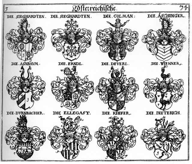 Coats of arms of Aschinger, Asnbaum, Colman, Deuerl, Dieterich, Dietrich, Dürnbacher, Durnpacher, Ellegaft, Erndl, Khifer, Wiener, Wienner