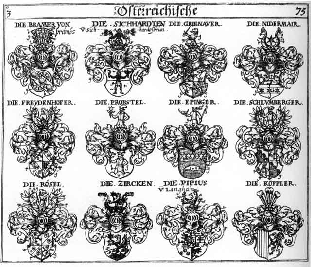 Coats of arms of Bramer, Epinger, Freudenhoffer, Grienawer, Grünaw, Koffler, Nidermayr, Pipius, Pröbstel, Roesel, Rösel, Schlumberger, Zircken