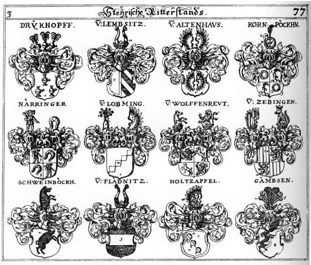 Coats of arms of Altenhaus, Altenhausen, Althausen, Drykhopff, Fladnitz, Gambsen, Holtzapfel, Kornpöckhn, Lembsitz, Lobming, Naerringer, Schweinböckh, Schweinpeckh, Wolffenreut, Zebingen