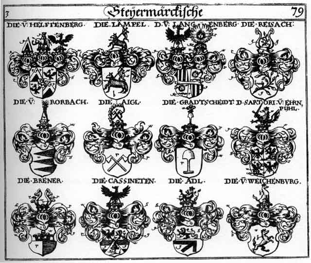 Coats of arms of Adl, Aigl, Brener, Cassinetten, Gradscheidt, Helfenberg, Lampel, Lampl, Langenberg, Langenberger, Reisach, Reisacher, Sartori, Weichenburg