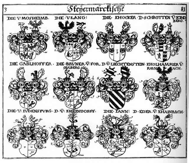 Coats of arms of Bruner, Brunner, Eder, Gabellhofer, Gablhoffer, Jann, Judensburg, Kheindorff, Kholhammer, Lang, Langen, Lichtenstein, Liechtenstein, Pruner, Schrodten, Schroten, Schrotten
