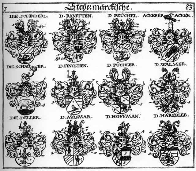 Coats of arms of Ackerer, Deller, Fincken, Gschwinden, Haberler, Hoffmann, Hoffmanner, Mösmar, Peuchel, Peychel, Püchler, Pychler, Ranfft, Ranfften, Schauer, Schinderl, Teller, Vincken, Walmer
