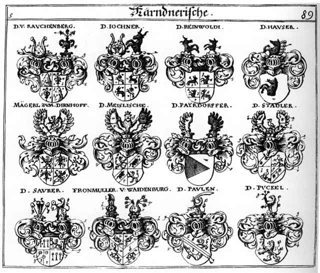 Coats of arms of Buckel, Fronmüller, Hauser, Jochner, Maegerl, Mägerl, Meislisoke, Paulen, Payrdorffer, Puckel, Rauchenberg, Rauchenberger, Reinwoldi, Saurer, Stadler