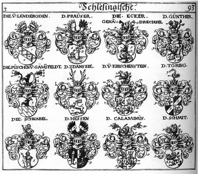 Coats of arms of Buschen, Calaminus, Döring, Drechsel, Ecker, Egger, Egkher, Günther, Gyntter, Hess, Hessen, Kirschenstein, Lenderoden, Prauser, Puschen, Schmidt, Schmit, Schnabel, Töring, Trechsel, Zdanskite