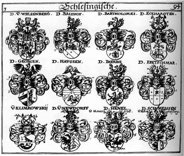 Coats of arms of Baldhoft, Bartholomaei, Echard, Eckhardt, Georgen, Haugken, Iherini, Klimkowsky, Kretschmar, Newdorff, Newendorff, Schmeissen, Therini, Wiesenberg