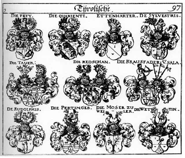 Coats of arms of Daur, de Rudolphis, de Sylvestris, Ettenhart, Ettenharter, Fety, Moser, Mosser, Pertinger, Quarienti, Redschan, Tauer, Wethyn, Wettin
