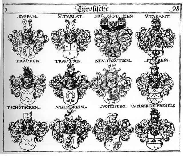 Coats of arms of Goetzen, Götzen, Neu-Trautson, Stuckess, Suppan, Tablat, Tarant, Trappen, Trautson, Tschötscken, Uberrein, Velser