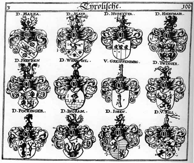 Coats of arms of Bretz, Greiffenberg, Hiertnair, Hüetter, Hutter, Ingram, Joben, Mair, Mayer, Mayr, Mazza, Meier, Pockinger, Pretzen, Twinger, Werndl, Werndle