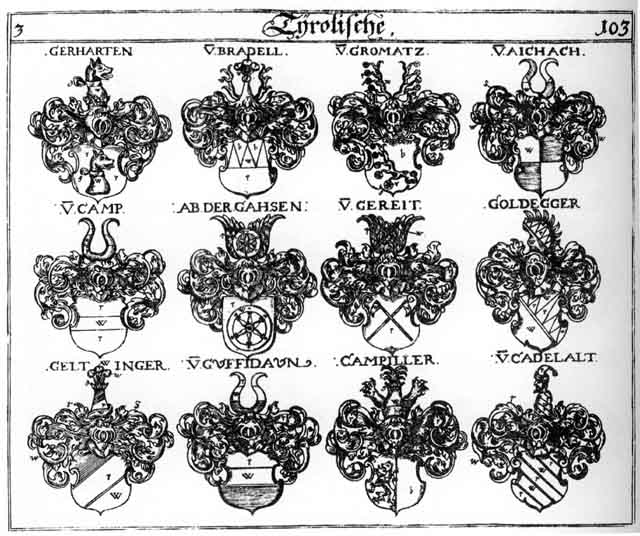Coats of arms of Ab der Gahsen, Bradel, Cadelatt, Camp, Campen, Campiller, Gahsen, Geltinger, Gereit, Goldeggzuldna, Gromatz, Guffidaun, Klinghart