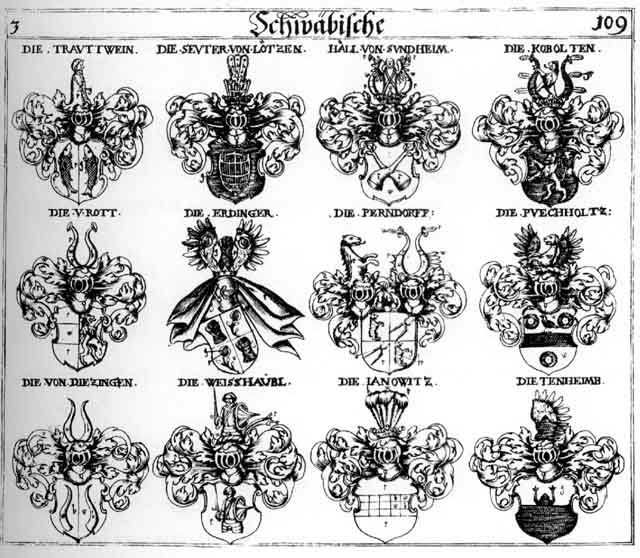 Coats of arms of Blessen, Diezingen, Drechsel, Erdinger, Hall, Janowitz, Kobolt, Kobolten, Perndorff, Pless, Plessen, Schützen, Seuter, Seytter, Trechsel, Weisshäupt