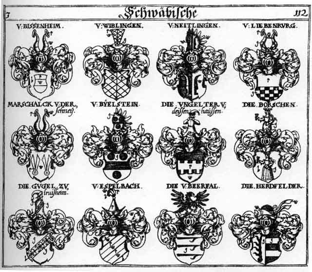 Coats of arms of Bissenheim, Borschen, Byelstein, Espelbach, Gugel, Herdfelder, Liebenburg, Neidlingen, Ungeldter, Wiblingen