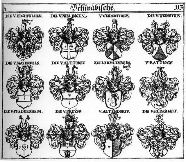 Coats of arms of Altdorff, Altendorff, Altorff, Geidertheim, Hochfelden, Niblingen, Pfedersheim, Rattnaw, Weinstein, Zeller