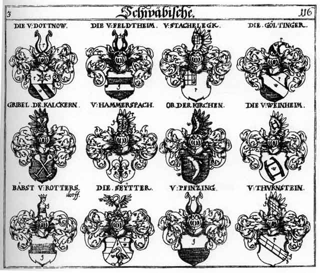 Coats of arms of Babst, Babsten, Bapst, Dottnaw, Goeltinger, Göltinger, Gribel, Grübel, Hammerspach, Ob der Kirchen, Papst, Pfinzing, Seuter, Seytter, Stachelegk, Thurnstein, Weinheim
