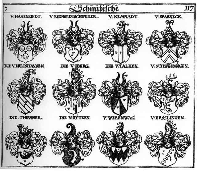 Coats of arms of Erlishausen, Erslingen, Hahenriedt, Iberg, Kemnadt, Kemnadten, Regnoldtschweiler, Schleis, Schwenongen, Sparneck, Thirnner, Werenwag, Zytern