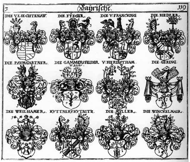 Coats of arms of Baumgartner, Fueger, Fyeger, Gammersselder, Gering, Heribstham, Kuttner, Liechtenau, Liechtenauer, Paumgartner, Ridler, Riedler, Weilhammer, Winckelmayr