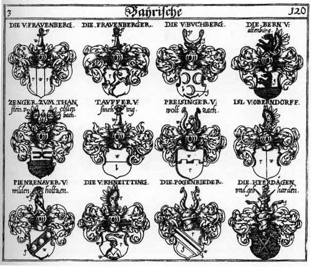 Coats of arms of Beern, Behrn, Bern, Frauenberg, Frauenberger, Fraunberg, Frawenberg, Gebharden, Heerdägen, Isl, Khneitting, Pientzenau, Pientzenauer, Pogenrieder, Tauffer, Zenger