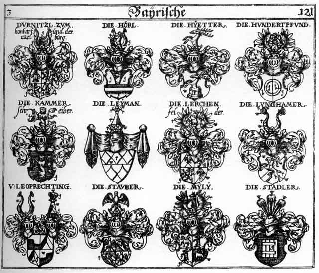 Coats of arms of Hörl, Hundertpfund, Hyetter, Kammerschreiber, Leoprechting, Leprechtinger, Lerchenfelder, Leyman, Lunghamer, Mylii, Mylius, Stadler, Stauber