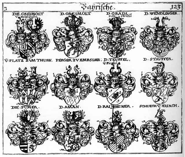 Coats of arms of Aman, Amman, Gradl, Greimolff, Platz, Platzen, Plaz, Pümer, Rainer, Rayner, Schuech, Teuffel, Wendlinger