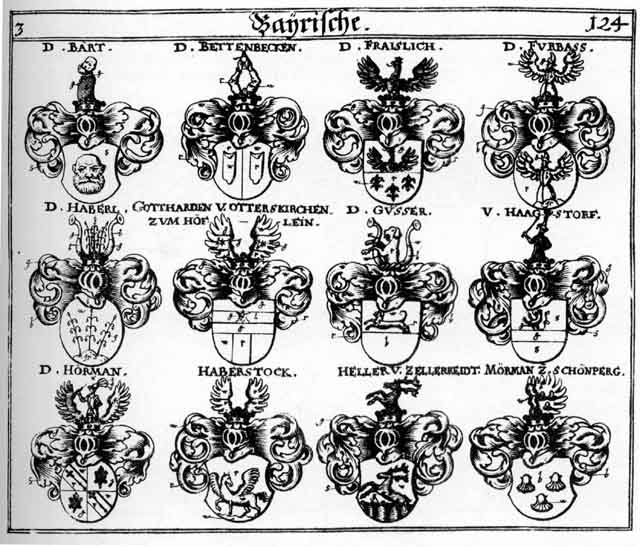 Coats of arms of Bart, Barten, Bettenbecken, Durnitzel, Fraislich, Furbass, Gieser, Gottharden, Güsser, Haagstorff, Häberl, Haberstock, Haeberl, Heller, Hermann, Hörman, Moerman, Mörman, Parth, Pettenbecko