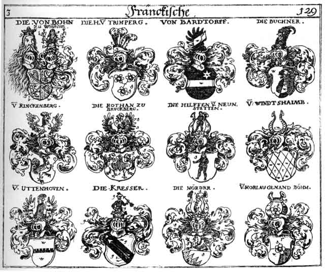 Coats of arms of Bardtorff, Boehm, Böhm, Bohn, Bohnen, Buchner, Hilffen, Hülffen, Kresser, Moerder, Mörder, Morlau, Puchner, Rinckenberg, Ringgenberg, Rothan, Trimperg, Windshaimb, Winshaimer