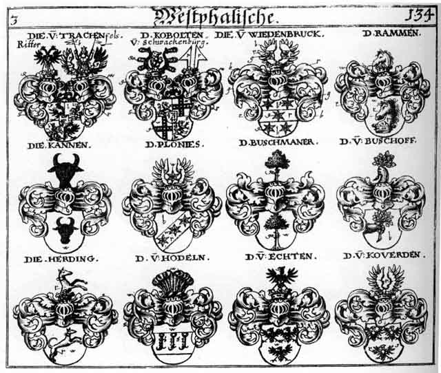 Coats of arms of Buschmaner, Buschoff, Echten, Herding, Herdingen, Kannen, Kobolt, Kobolten, Plonies, Rammen, Reinboltlin, Trachenfels, Wiedenbruck