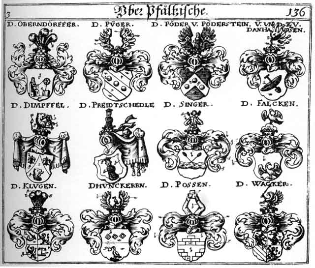 Coats of arms of Danhausen, Dhünckern, Dimpfel, Falcken, Kluegen, Klugen, Obedorff, Oberndorffer, Paeder, Possen, Praidschedel, Preidtschedle, Püger, Singer, Tannhausen, Wacker