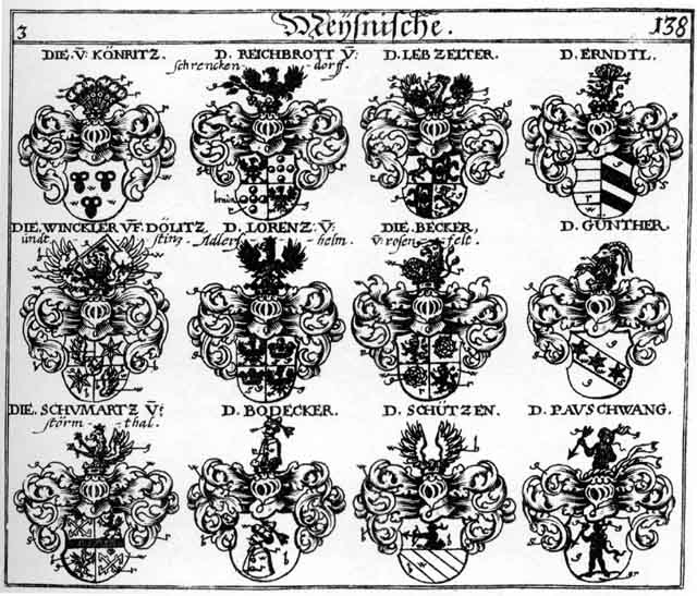 Coats of arms of Becker, Bodeck, Bodecker, Erndl, Günther, Gyntter, Koenritz, Könritz, Lebzelter, Lorentz, Ottiekon, Pauschwang, Pecker, Reichbrodt, Schumartz, Schützen, Winckler